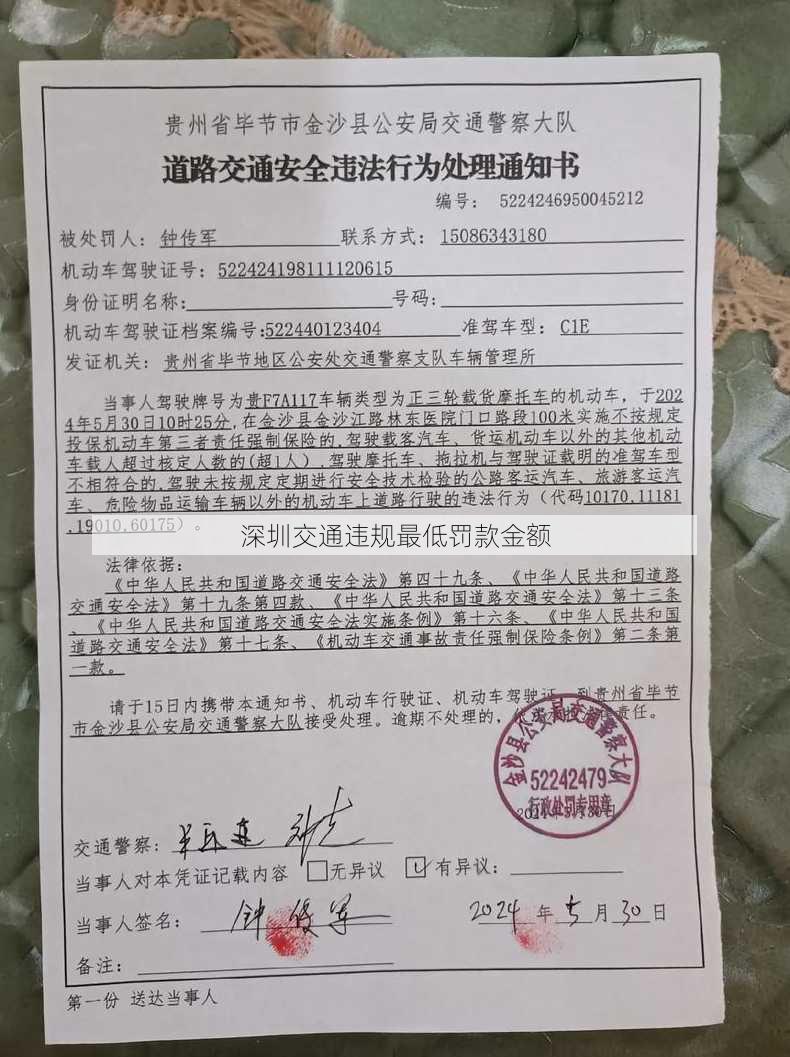 深圳交通违规最低罚款金额