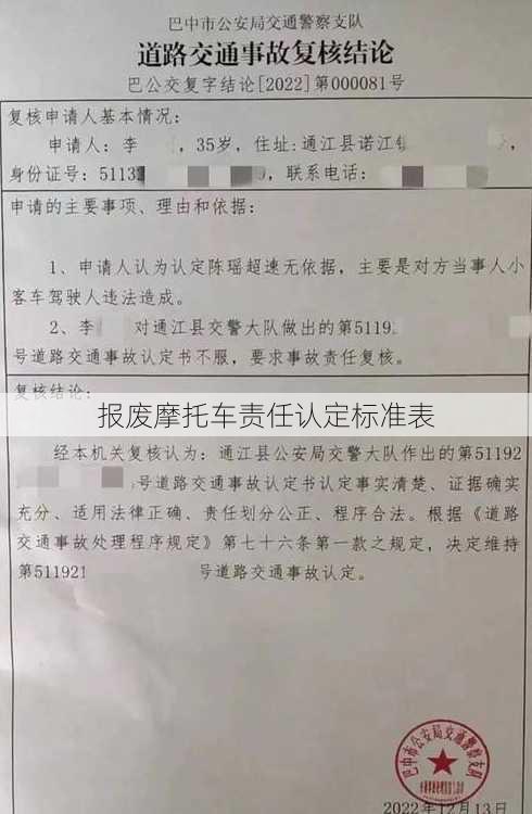 报废摩托车责任认定标准表