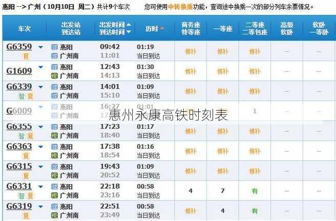 惠州永康高铁时刻表