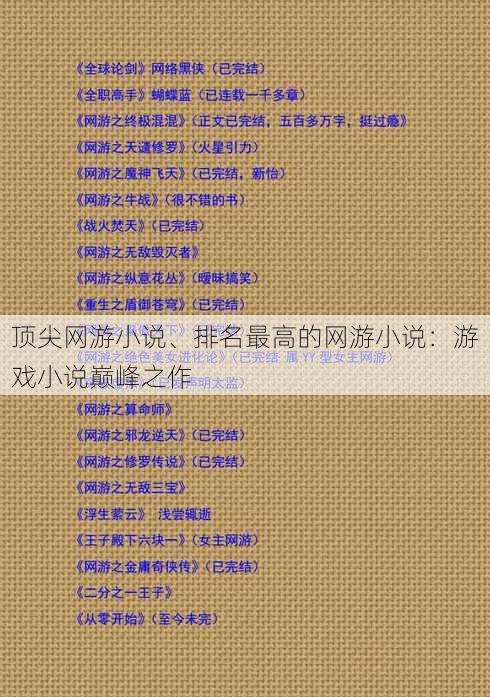 顶尖网游小说、排名最高的网游小说：游戏小说巅峰之作