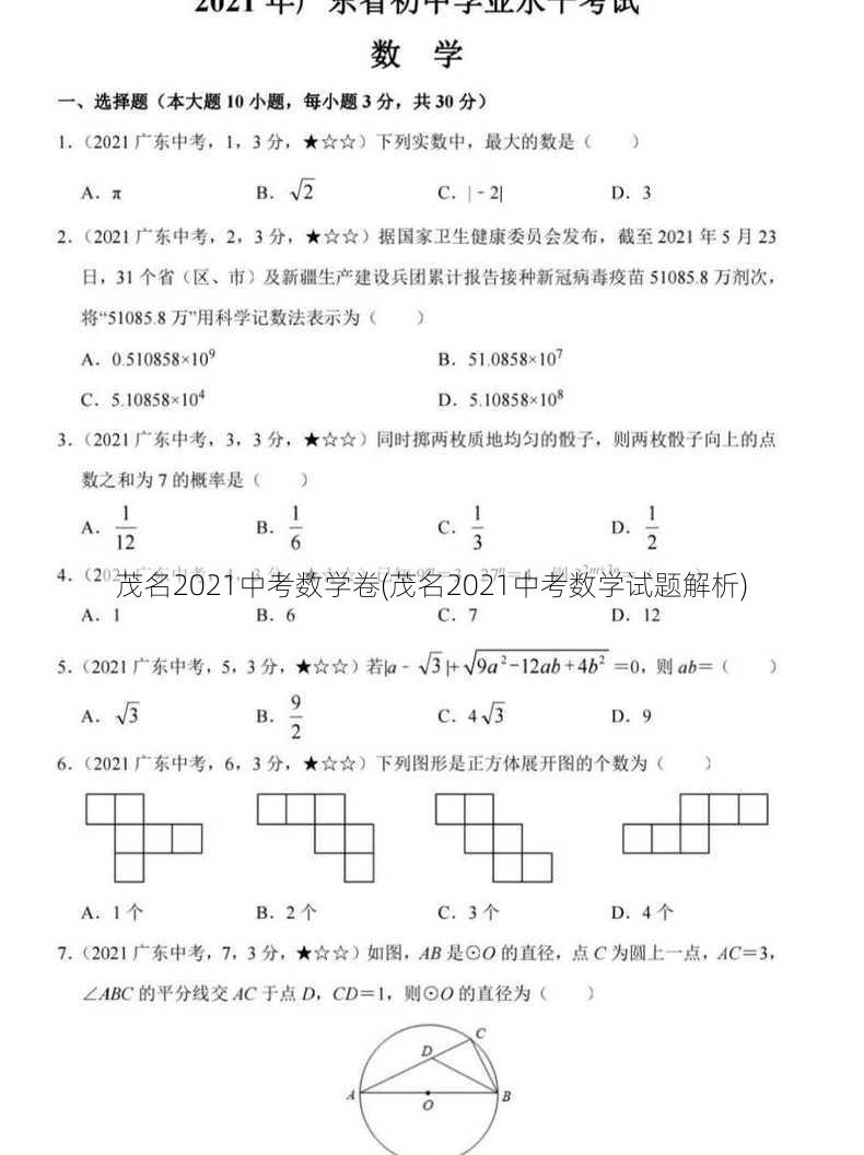 茂名2021中考数学卷(茂名2021中考数学试题解析)