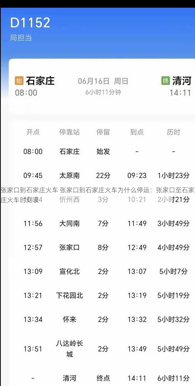 张家口到石家庄火车 张家口到石家庄火车为什么停运：张家口至石家庄火车时刻表