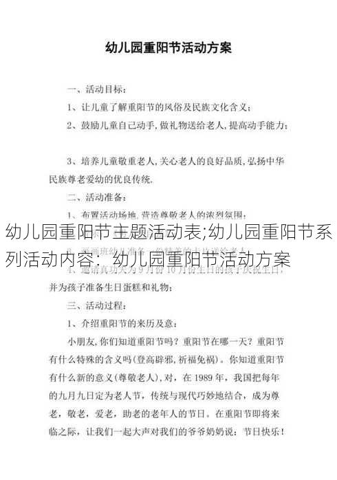 幼儿园重阳节主题活动表;幼儿园重阳节系列活动内容：幼儿园重阳节活动方案